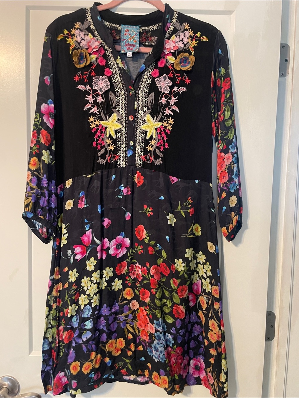 Johnny Was Black Floral Embroidered Long Sleeve Dress